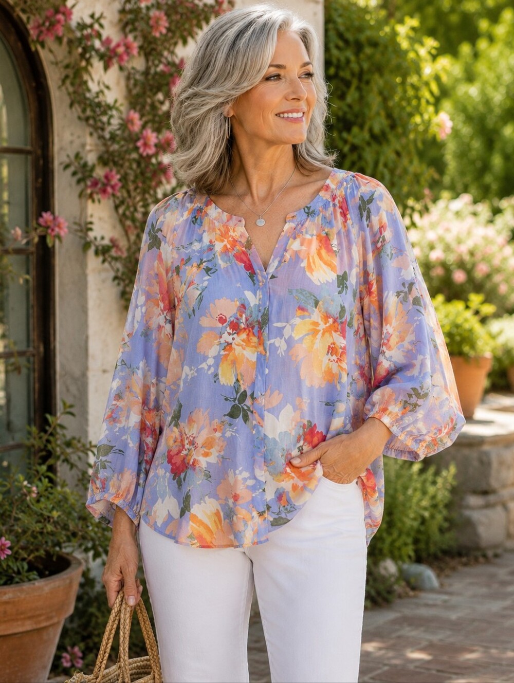 Easel Floral Linen Blend Blouse L Lavender Blue Boho Cottagecore Like New
